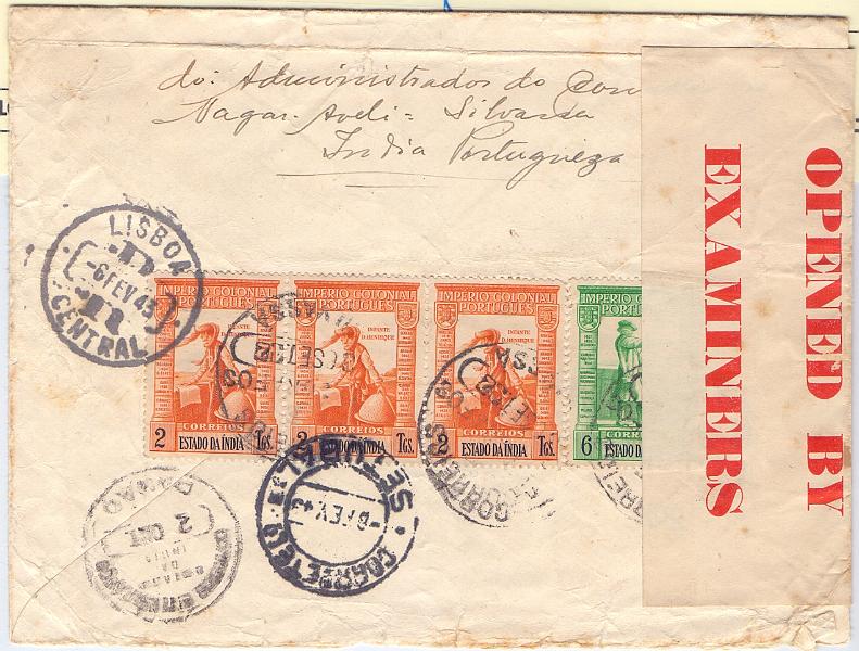 1190 v.jpg -     Lote:    1190 (verso)            Índia       Descrição:         1938 &mdash; Império Colonial Português. Sobrescrito circulado registado de Silvassa (30.09.43) para Setúbal, com trânsito por Damão (02.10.43) com selos de 6 reis CE351 + tira de 3 selos de 2Tg CE355. Censura inglesa por cinta. Carimbos batidos a preto de SILVASSA e DAMÃO.        Carta       Valor Base:     &euro; 15,00     Valor Venda:     &euro; 25,00     